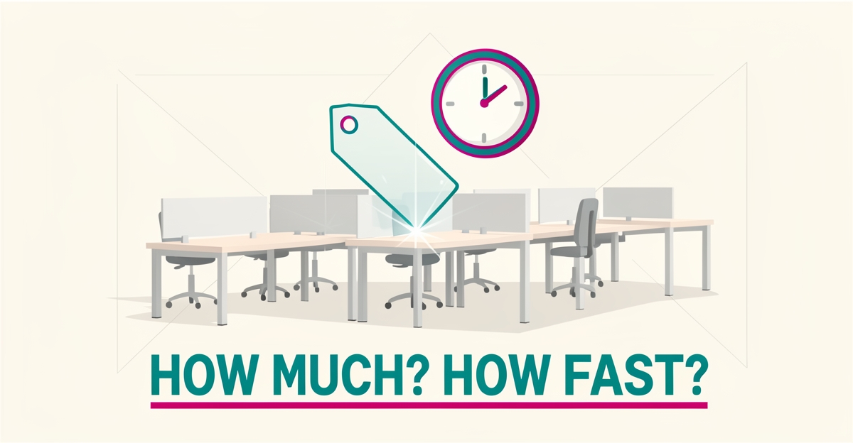 Flat illustration of a sparkling clean office desk with a price tag and clock icon, symbolizing transparent pricing and fast turnaround for office cleaning services.