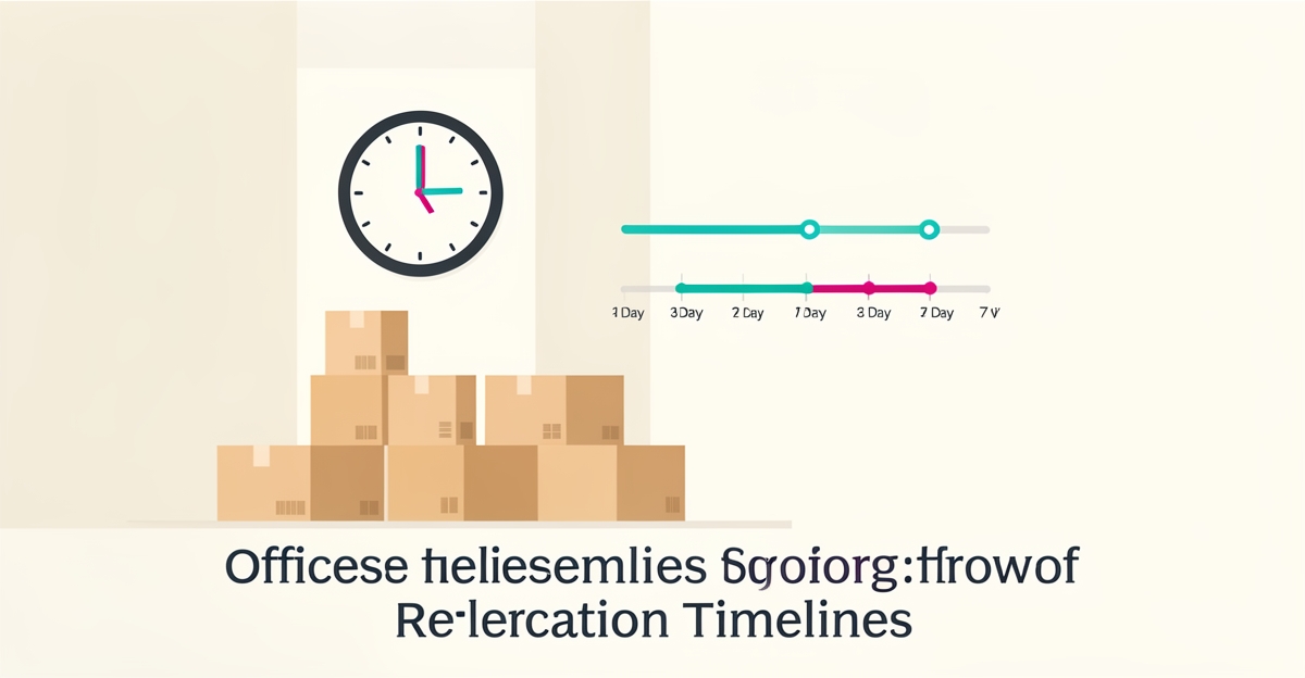 Flat illustration of an office move with a clock and 3 to 7 day timeline highlighting relocation turnaround estimates.