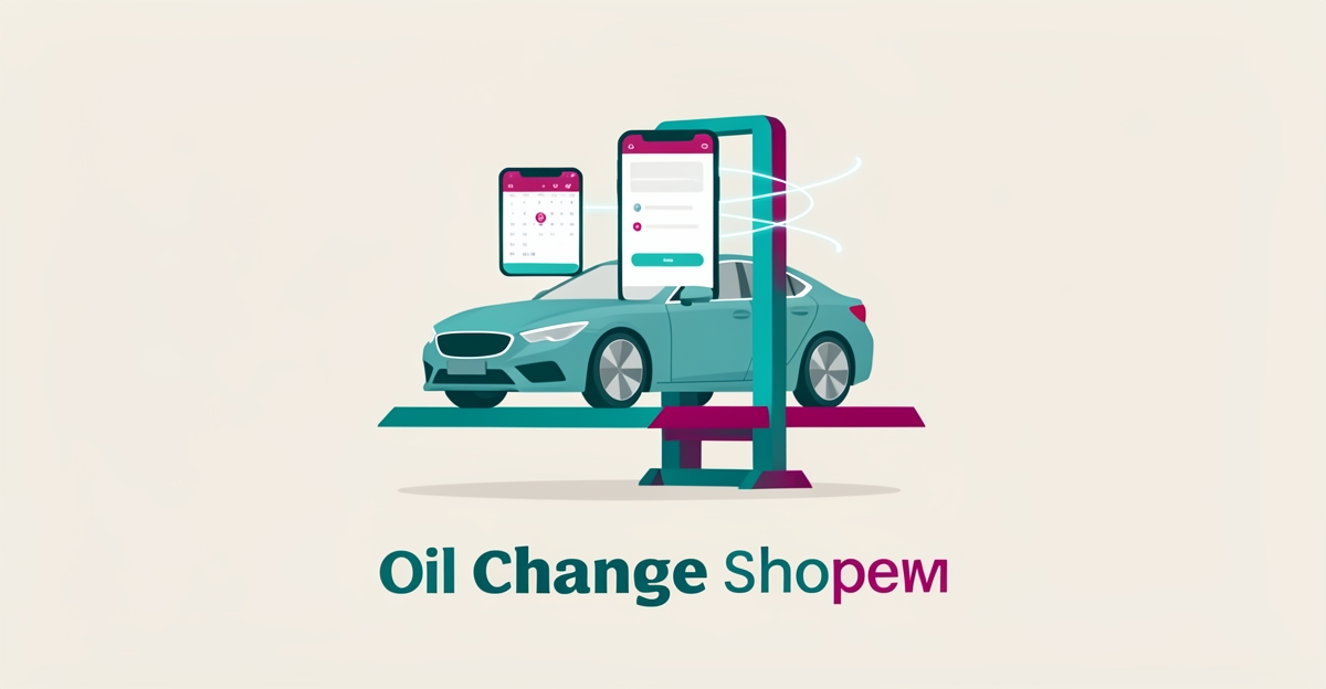Flat illustration of a car on a service lift beside a smartphone booking app with AI connection lines in teal and magenta.