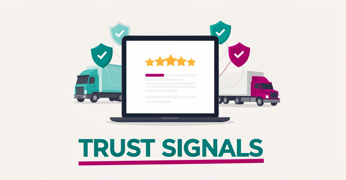 Flat illustration of a five-star review on a tablet with compliance shields and fleet trucks, symbolizing trust signals for fleet compliance.