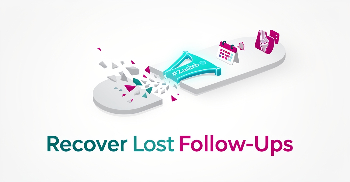 Flat illustration of a broken patient recovery path reconnected by a glowing digital bridge, symbolizing automated orthopedic follow-ups.