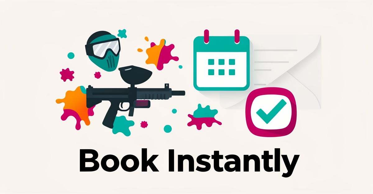 Flat illustration of paintball gear with a calendar and instant booking checkmark, headline reading Book Instantly.