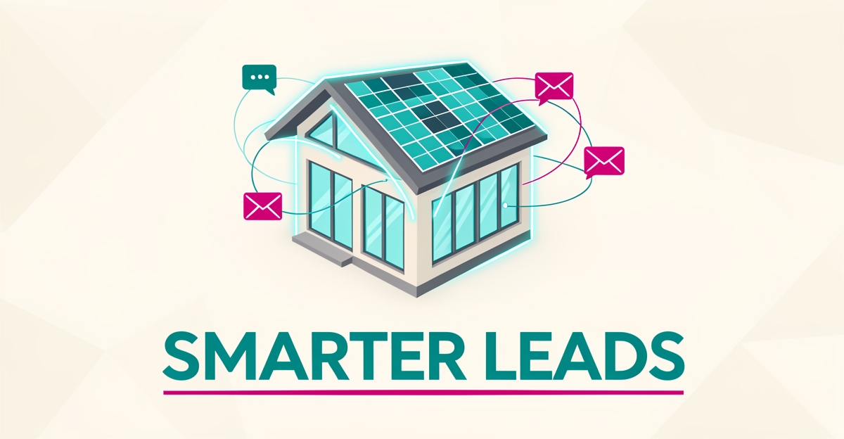 Flat illustration of a passive house with glowing insulation lines and AI communication icons in teal and magenta, titled Smarter Leads.