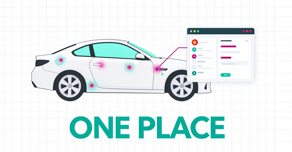 Flat illustration of a car panel with dent tracking nodes connected to a CRM dashboard, headline reading One Place.