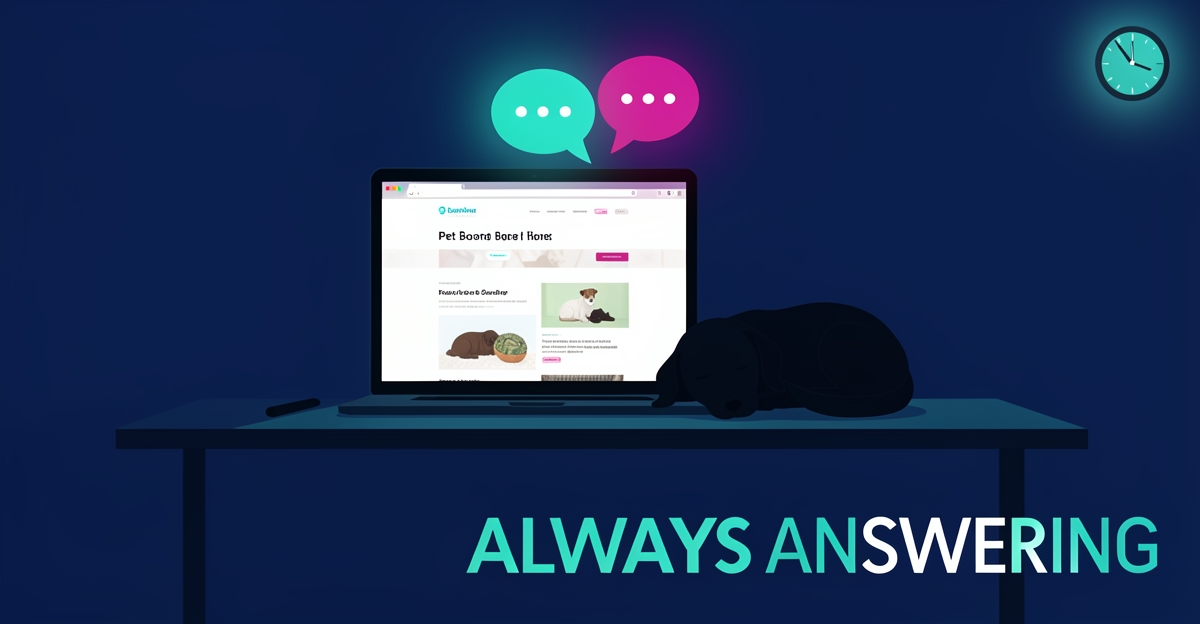 Flat illustration of a laptop with a pet boarding website at night, a glowing AI chat bubble, and a sleeping dog, headline reading Always Answering.