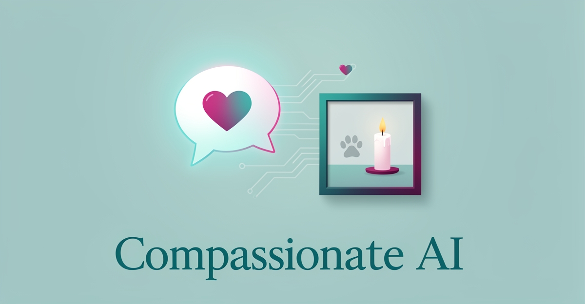 Flat illustration of a glowing heart chat bubble beside a paw print photo and candle, symbolizing empathetic AI support for grieving pet owners.