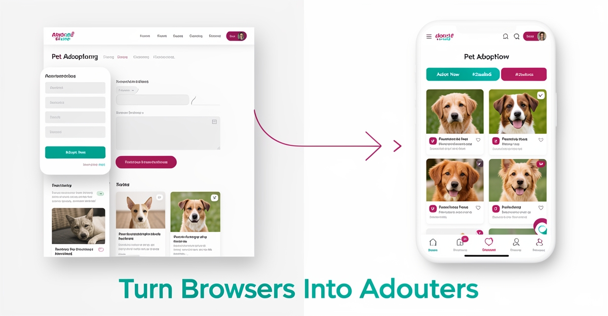 Split illustration contrasting a confusing pet rescue website with a streamlined, mobile-friendly design featuring rich pet profiles and clear adoption CTAs in brand colors.