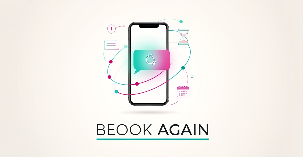 Flat illustration of a smartphone with a glowing follow-up message and earring icon, symbolizing AI client retention for piercing studios.