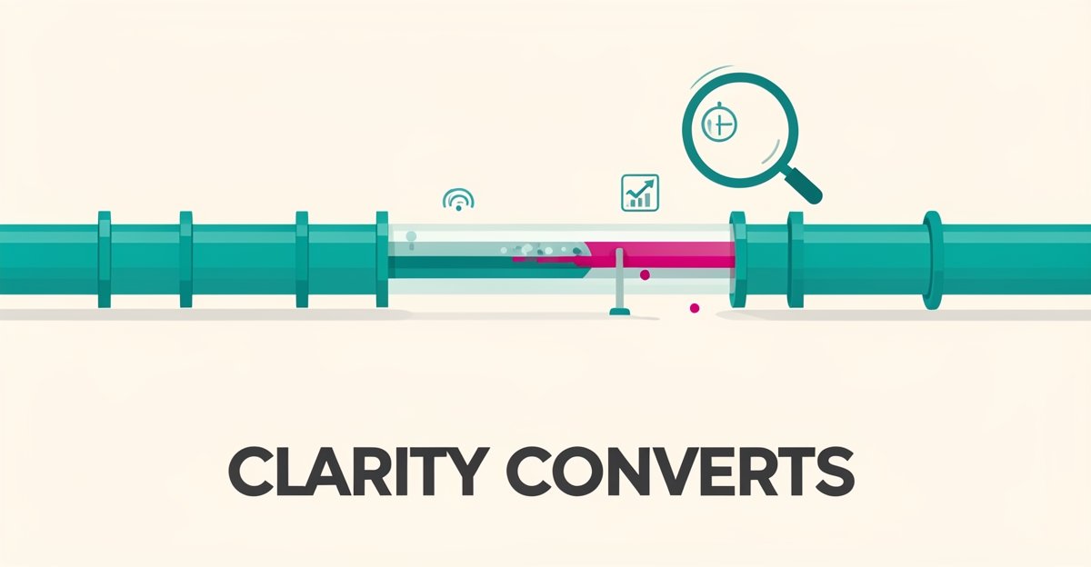 Flat illustration of a pipeline with a transparent inspection section and magnifying icons, headline reading Clarity Converts.