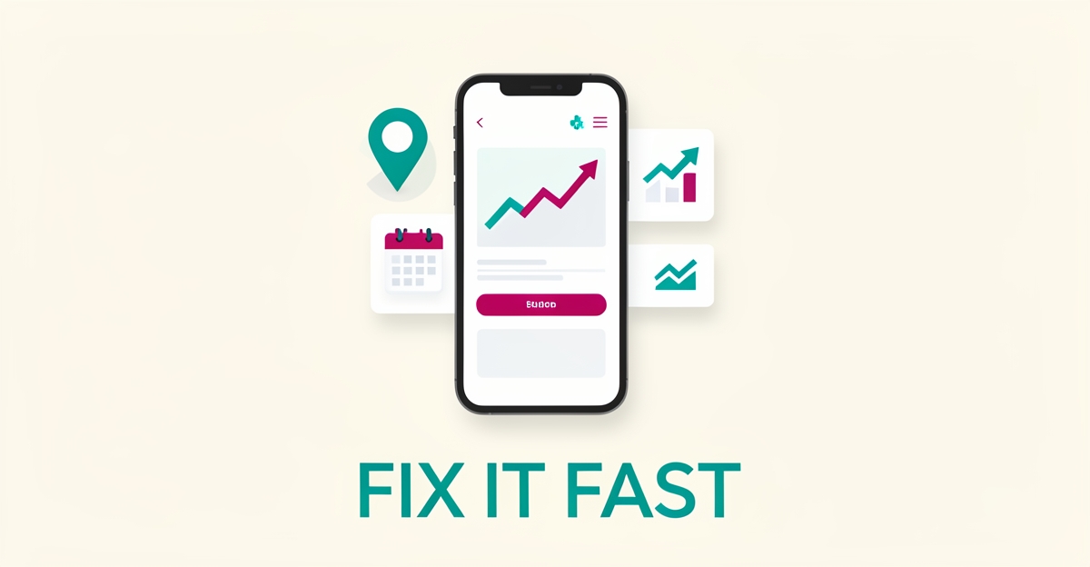 Flat illustration of a smartphone showing a podiatry website with a call-to-action button, location pin, and rising conversion graph in teal and magenta.