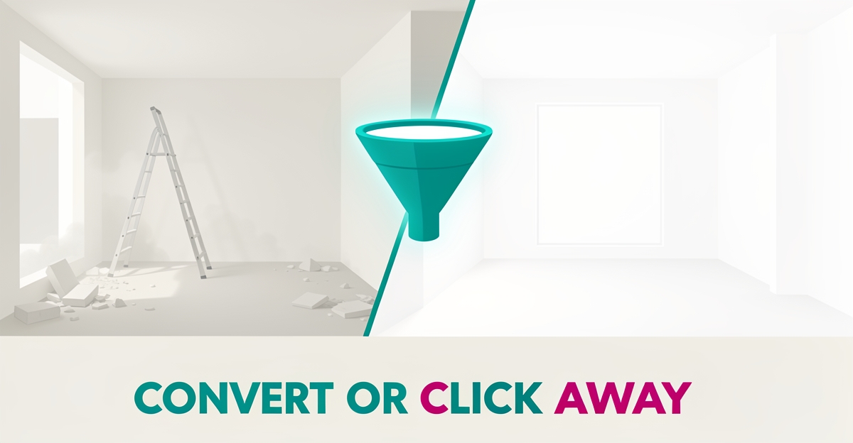 Flat illustration of a dusty construction interior transforming into a spotless finished room, symbolizing homepage conversion for post-construction cleaning services.