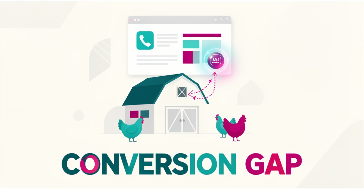 Flat illustration of a poultry farm barn connected to a floating website window by a glowing AI-powered conversion path in teal and magenta accents.