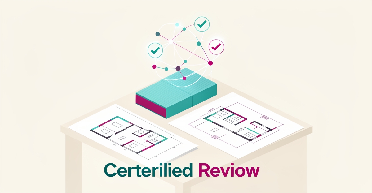 Flat illustration of prefab building panels and blueprints with a glowing digital feedback loop, accented in teal and magenta.