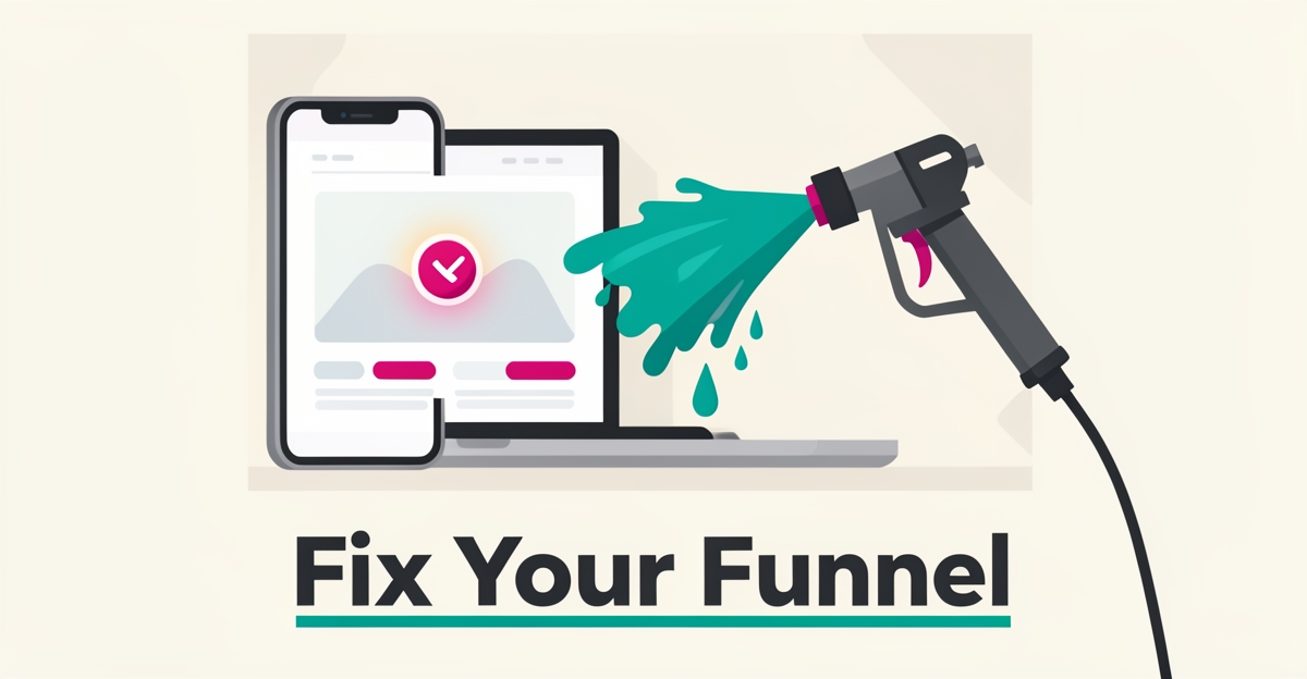 Flat illustration of a pressure washer spraying teal water toward a smartphone and laptop website wireframe with a glowing call-to-action button, accented in teal and magenta.