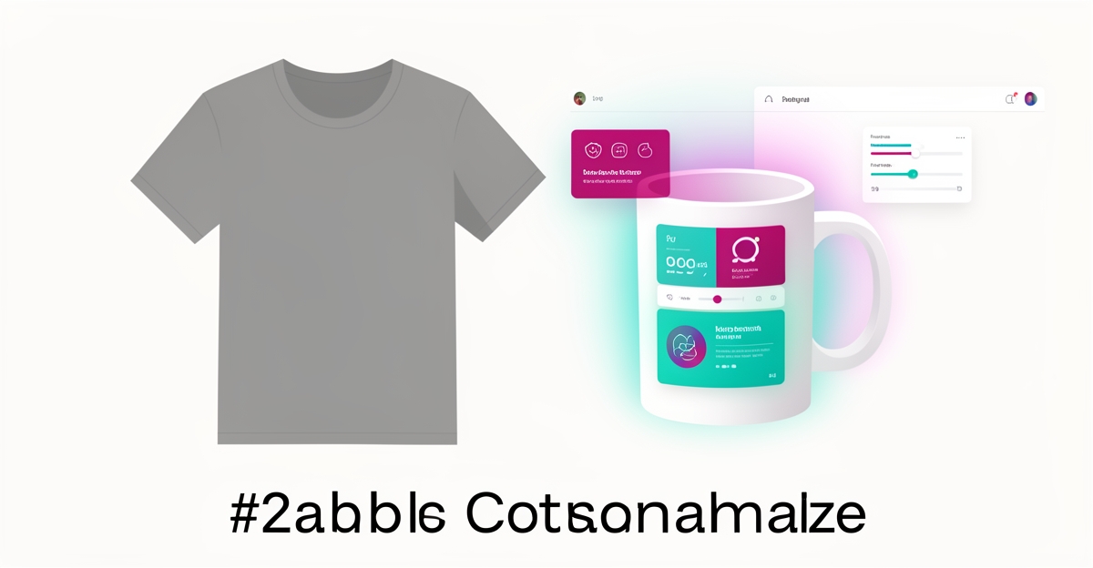 Flat illustration of a static t-shirt mockup transforming into a vibrant AI-customized design with teal and magenta accents.