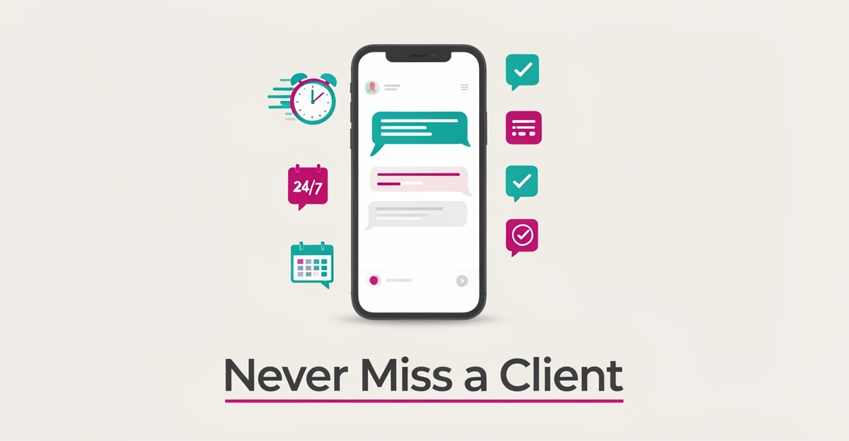 Flat illustration of a smartphone with instant chat reply icons and a clock, symbolizing AI-powered fast client responses for psychology practices.