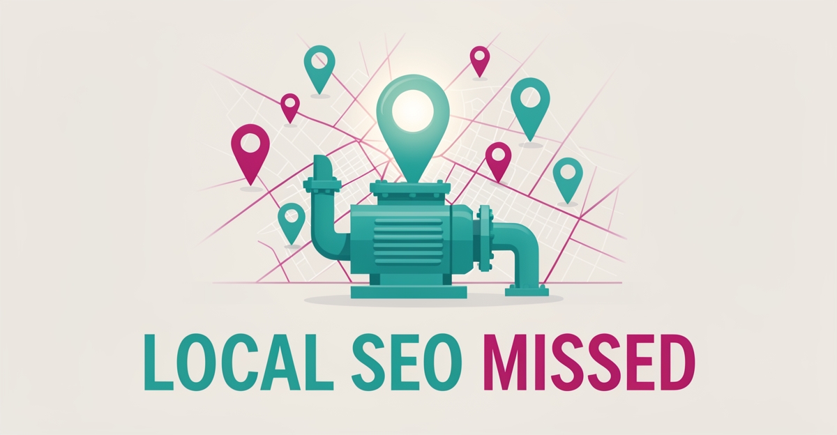 Flat illustration of an industrial pump with glowing map pins on a city grid, symbolizing missed local SEO opportunities for pump manufacturers.