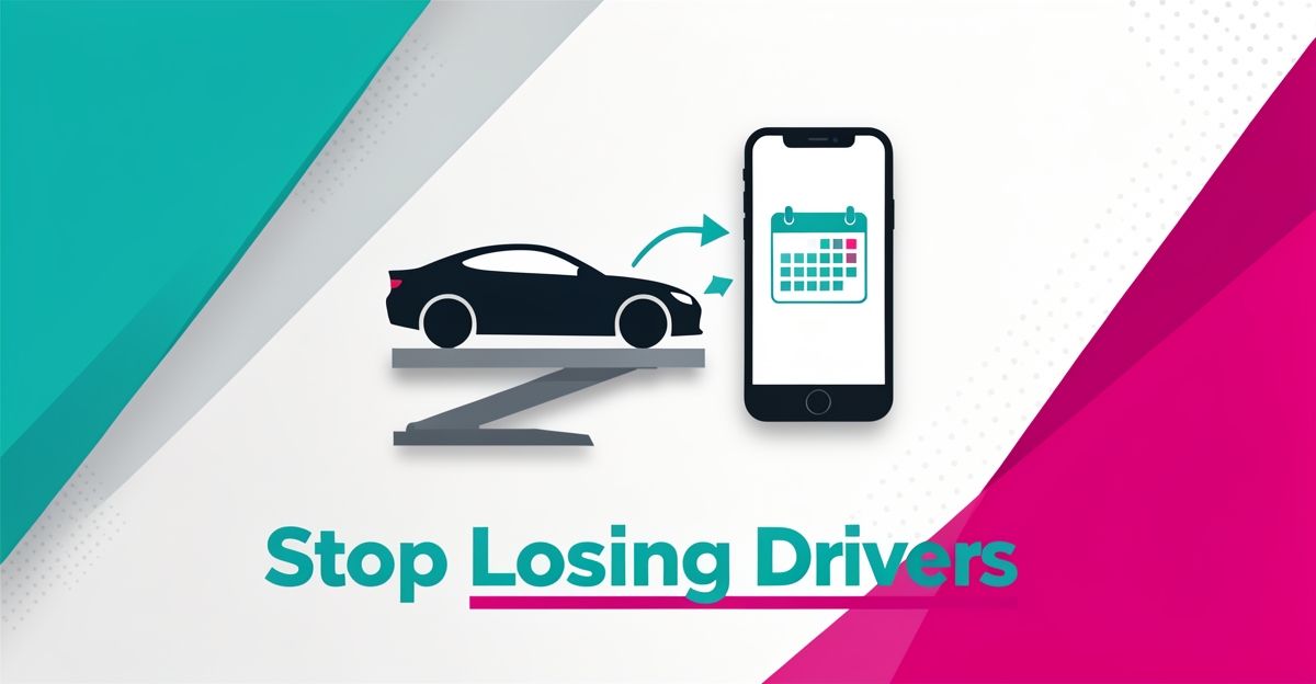 Flat illustration of a car on a service lift next to a smartphone booking interface, symbolizing how dynamic websites convert drivers into appointments.