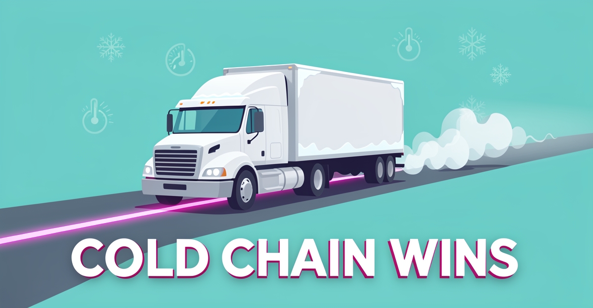 Flat illustration of a refrigerated truck with teal and magenta accents, headline reading Cold Chain Wins in the lower third.