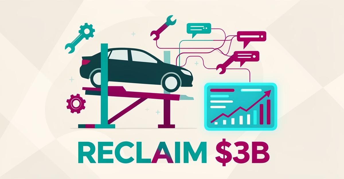 Flat illustration of an auto repair bay with a digital automation dashboard and rising revenue chart, accented in teal and magenta.