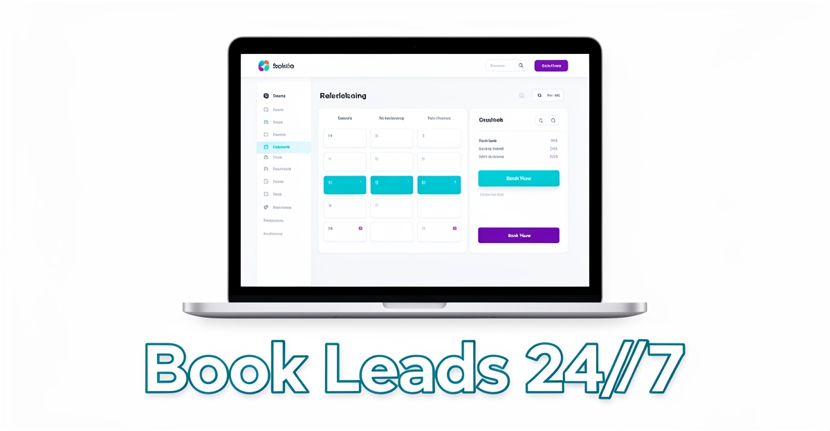 A minimalist flat illustration of a laptop showing a real-time booking system with brand-colored accents, emphasizing 24/7 lead capture for roof inspectors.