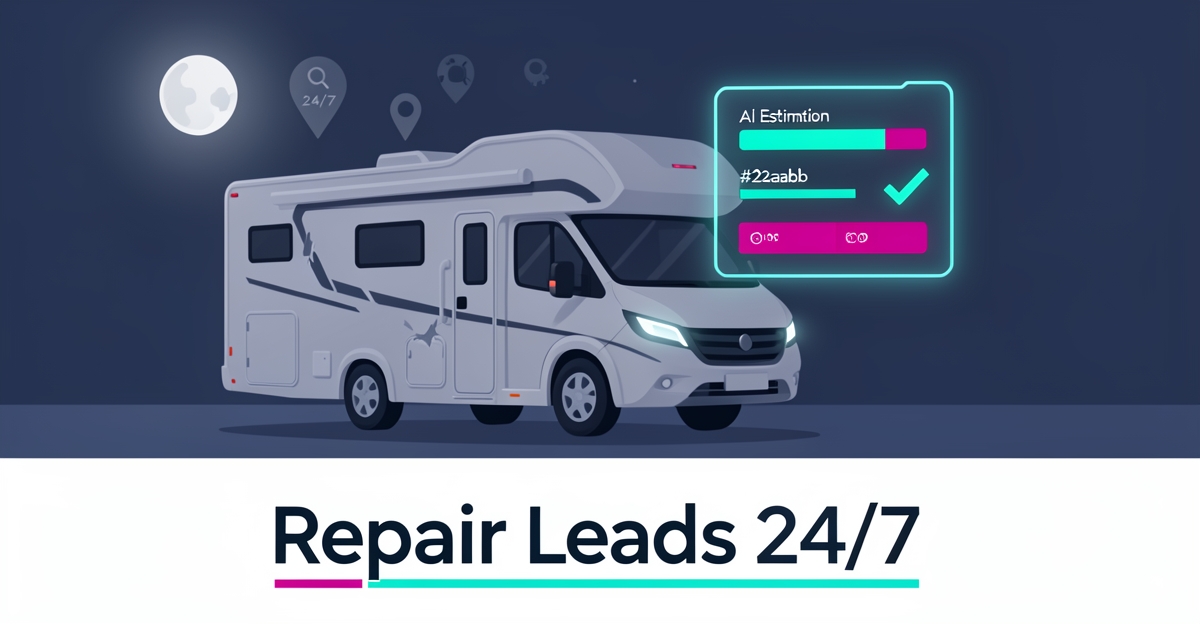 Damaged RV at night with glowing AI estimation interface and local SEO icons, headline reads Repair Leads 24/7.
