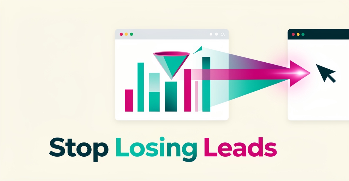 Flat illustration of a cursor pulled back from an exit arrow by glowing teal and magenta conversion streams toward a rising analytics dashboard.