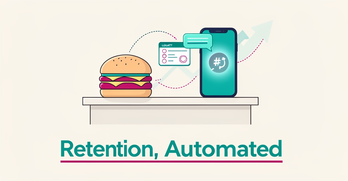 Flat illustration of a sandwich shop loyalty card and smartphone with AI chat bubble, symbolizing AI-driven customer retention.