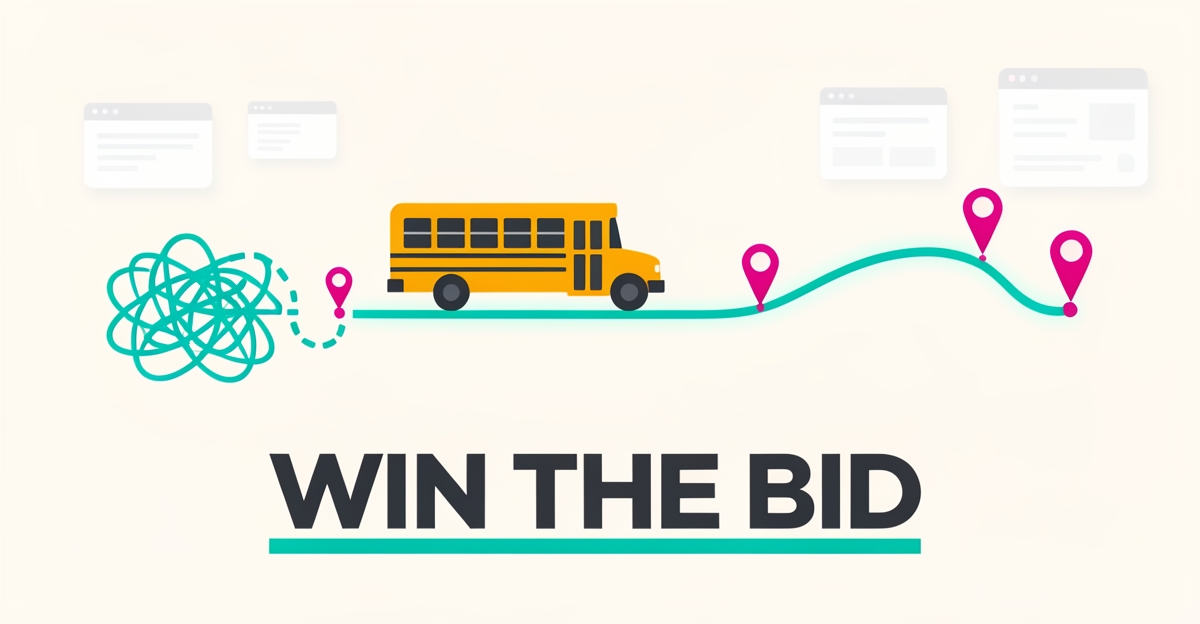 Flat illustration of a school bus moving from tangled routes to optimized live-tracked paths, headline reading Win the Bid.