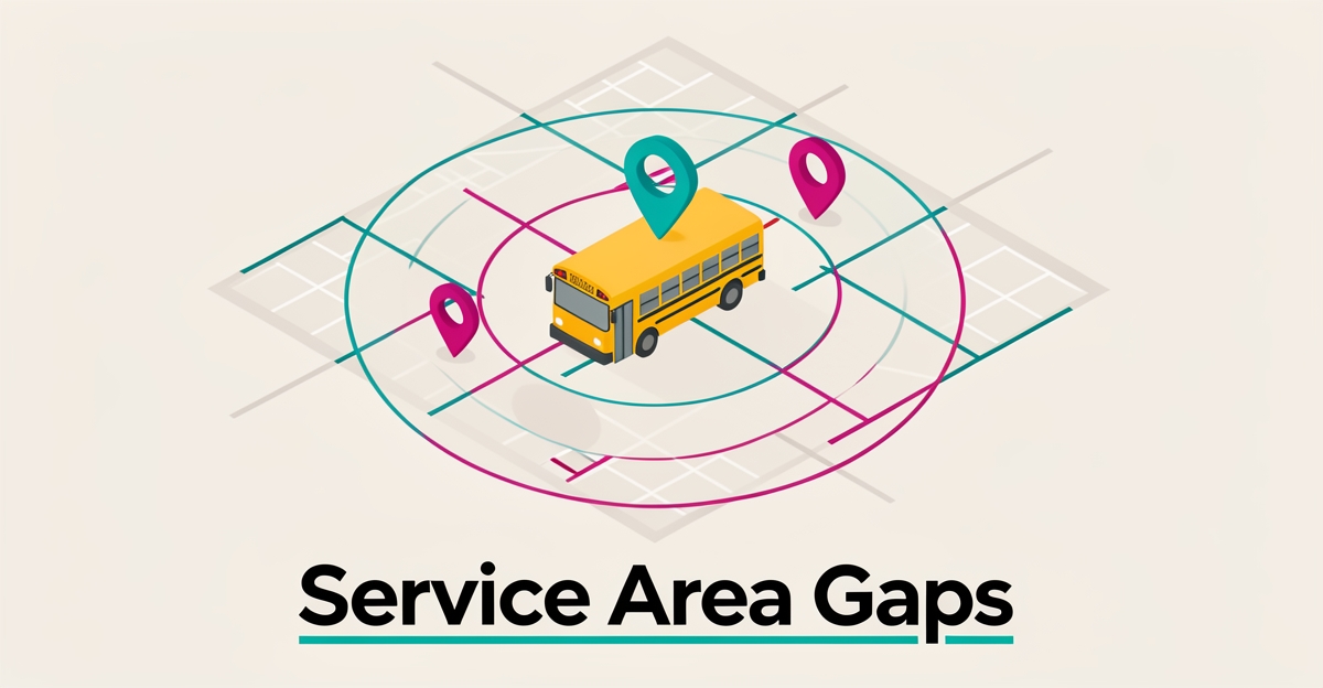 Flat illustration of a school bus in a service bay with map pins and incomplete coverage circles, highlighting gaps in service area coverage.