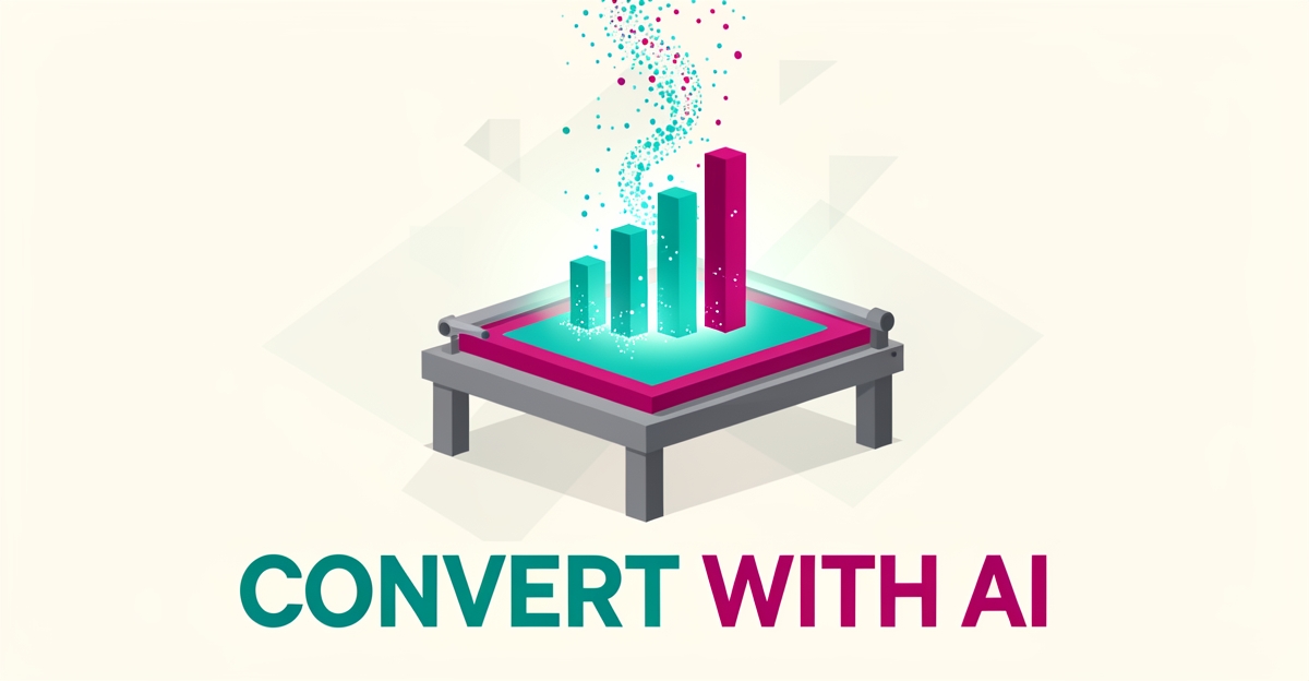 Flat illustration of a screen printing press emitting glowing data streams and rising graphs, symbolizing AI-driven website conversion improvements.