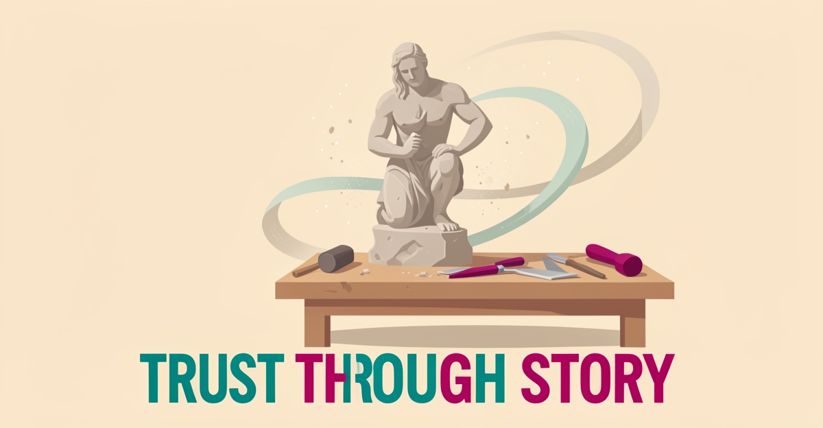 Flat illustration of a sculpture studio workbench with tools and a story ribbon flowing from a work in progress, accented in teal and magenta.