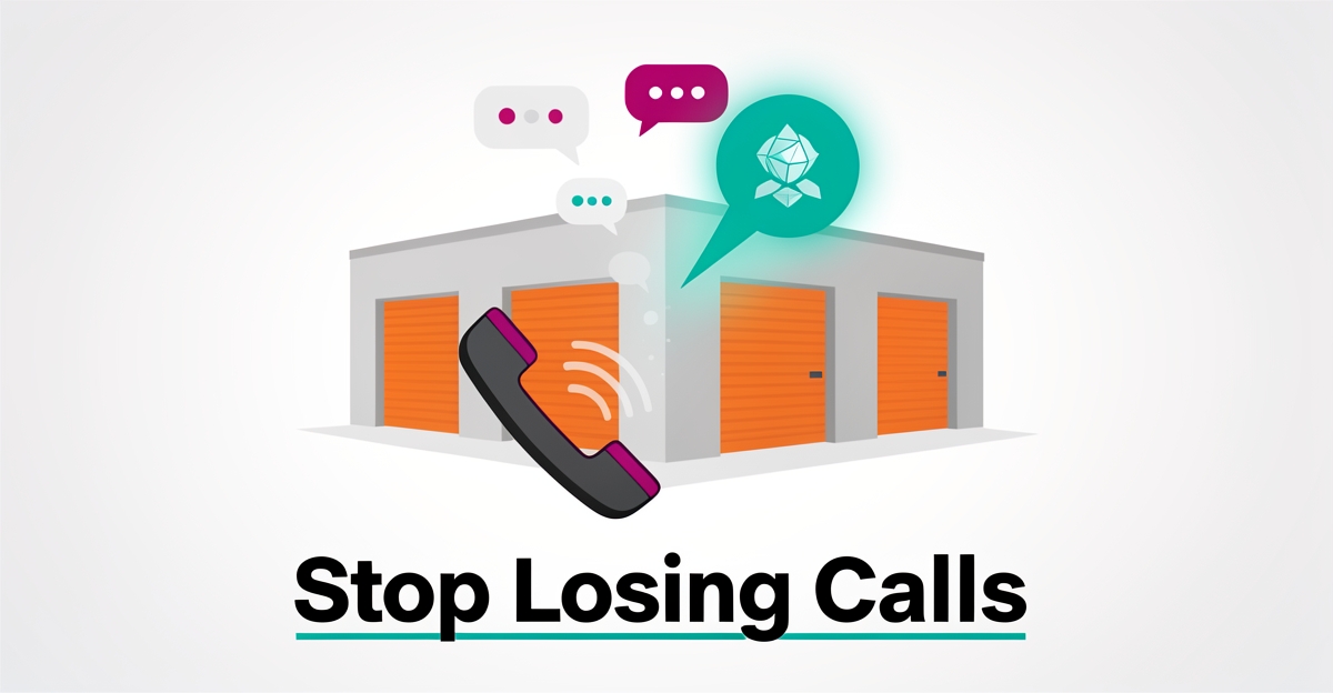 Flat illustration of a self-storage facility with a phone and floating call bubbles, symbolizing missed calls captured by AI voice agents.