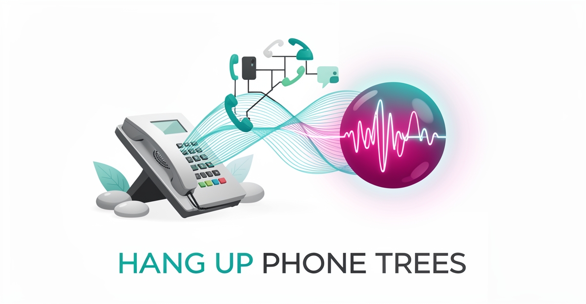 Flat illustration of an old phone tree dissolving into glowing AI sound waves in teal and magenta, symbolizing AI voice replacing phone trees.