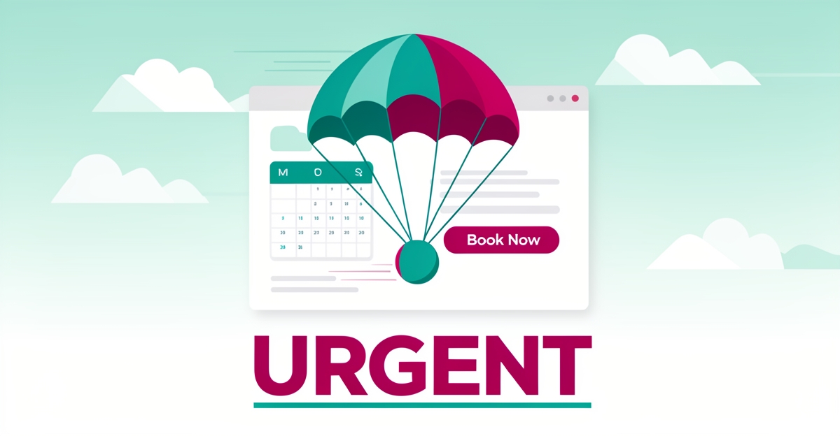 Flat illustration of a parachute descending over a booking website interface, symbolizing urgency-driven skydiving website design.