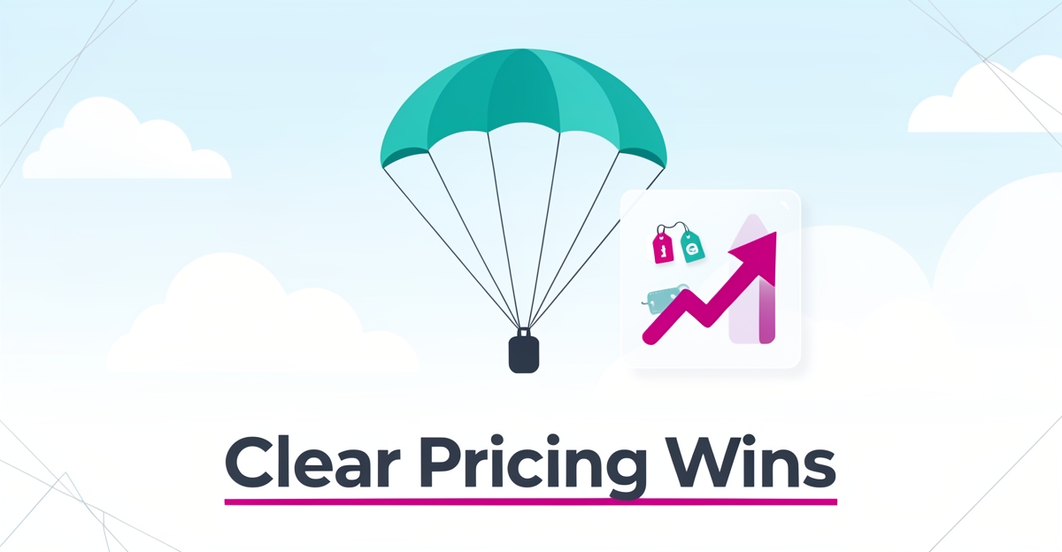 Flat illustration of a teal parachute above clouds with a floating pricing card and conversion arrow, headlined Clear Pricing Wins.