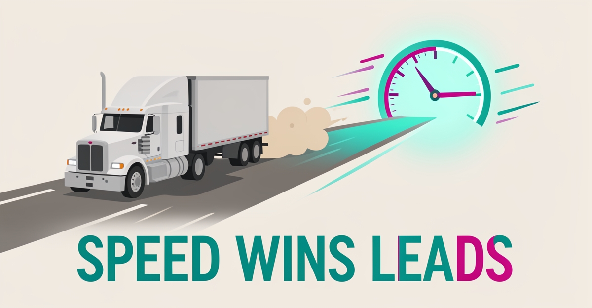 Flat illustration of a semi-truck choosing between a fading path and a fast glowing route toward a clock, symbolizing rapid AI lead follow-up.