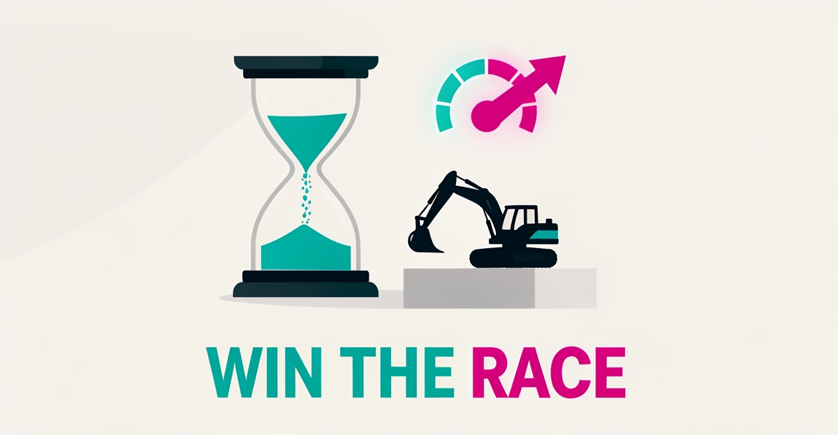 Flat illustration of an hourglass and rental equipment with a rising speed gauge, symbolizing faster quotes winning rental deals.