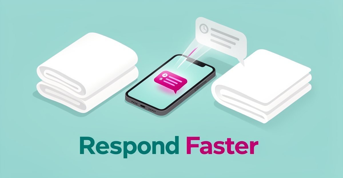 Flat illustration of a smartphone with an instant notification beside folded laundry, symbolizing fast lead response for wash-and-fold services.