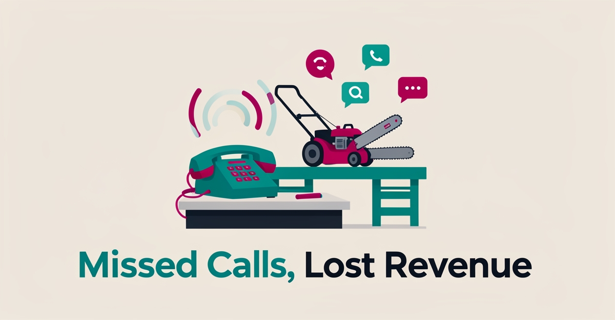 Flat illustration of a repair shop phone with missed-call icons drifting away, symbolizing lost revenue during peak hours.