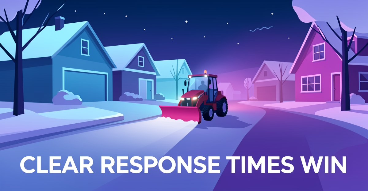 A snowy street with a snowplow clearing a driveway under twilight sky, using brand colors blue and magenta as subtle accents, with space for a short headline in the lower third