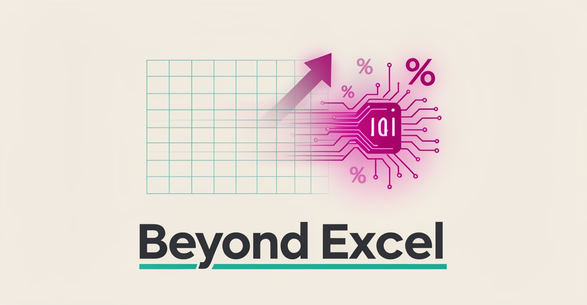 Flat illustration of a spreadsheet dissolving into AI-powered data streams, symbolizing automated software estimation, with headline Beyond Excel.
