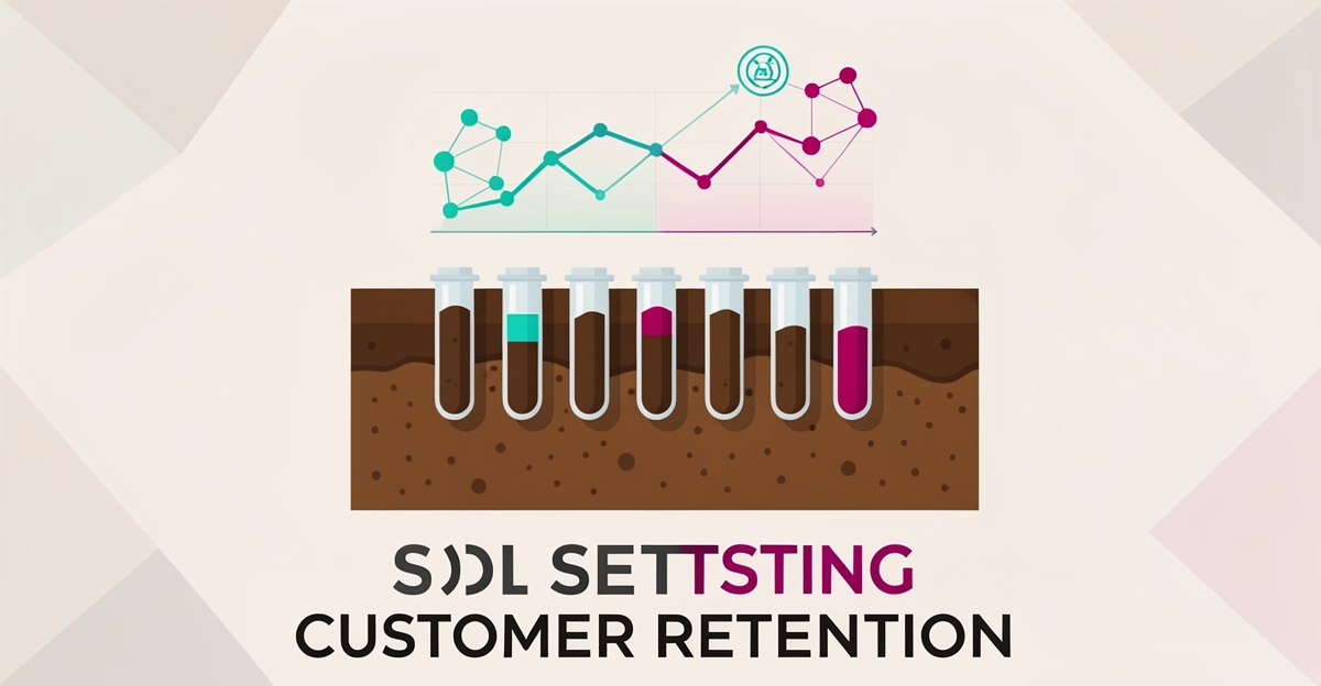 Flat illustration of soil samples and test tubes with digital monitoring icons highlighting soil testing customer retention.