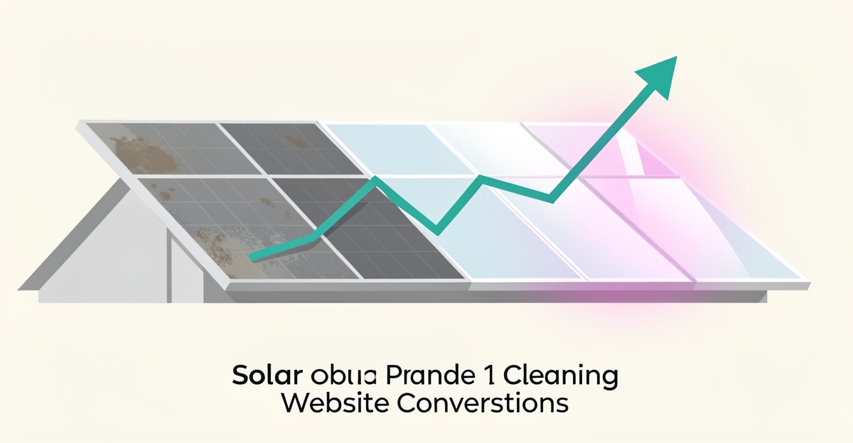 Flat illustration of dusty versus clean solar panels with a rising efficiency graph in teal and magenta, headline reading Stop Losing Leads.