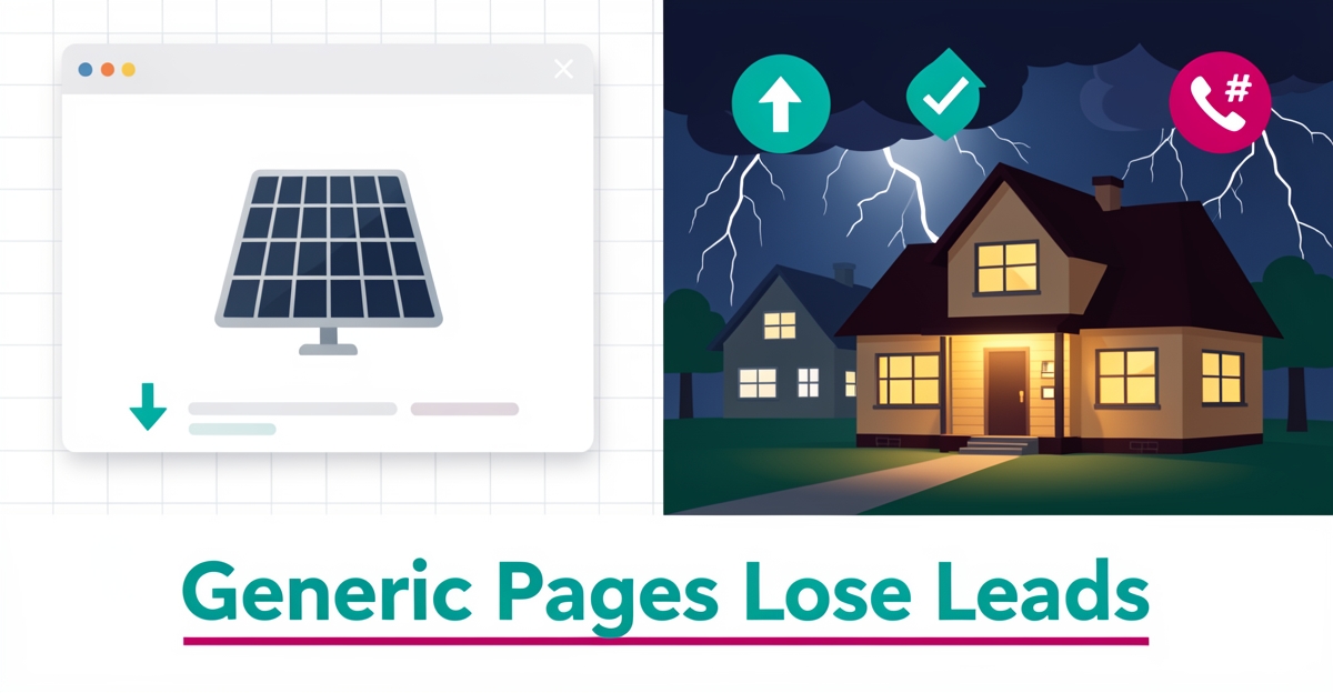Split illustration contrasting generic solar page with localized battery backup solution driving conversions.