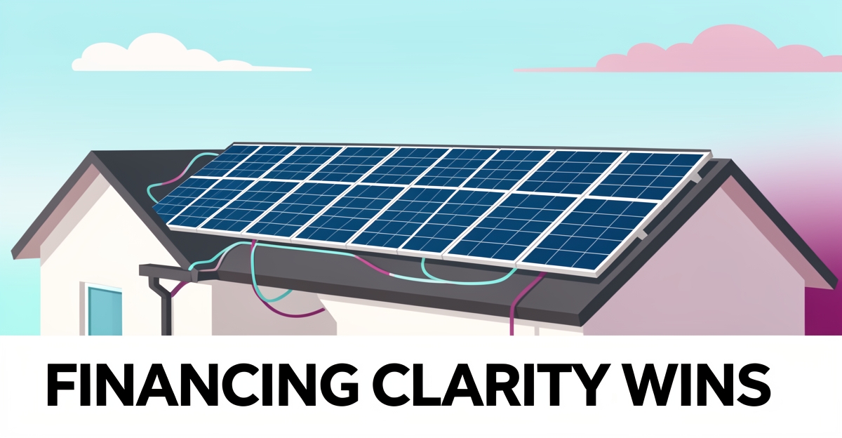 Solar panels on a rooftop with brand-colored accents, featuring the headline 'Financing Clarity Wins' in the lower third as a minimalist professional illustration for a solar business website.