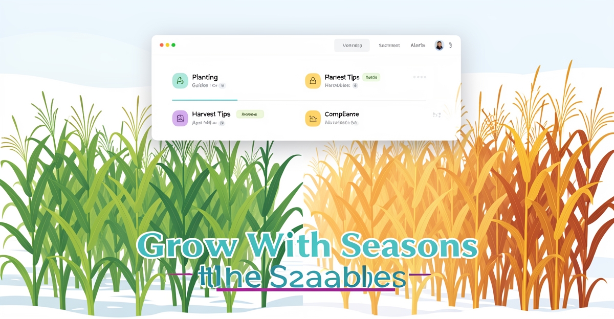 A minimalist flat illustration of a hemp field across four seasons with a floating seasonal website UI, featuring the headline 'Grow With the Seasons' in brand colors.