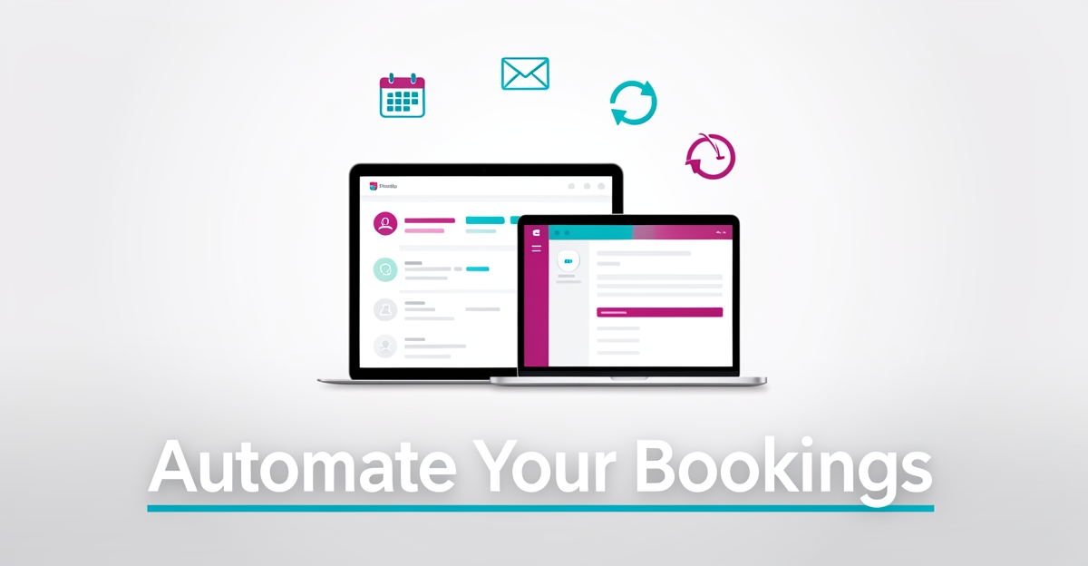 A minimalist flat illustration of a digital dashboard with automation icons, featuring the headline 'Automate Your Bookings' in the lower third using brand colors for accent.