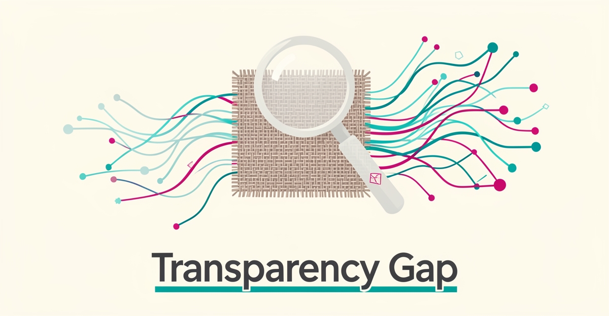 Flat illustration of woven fabric unraveling into data streams, symbolizing transparency in textile sustainability, with headline 'Transparency Gap'.