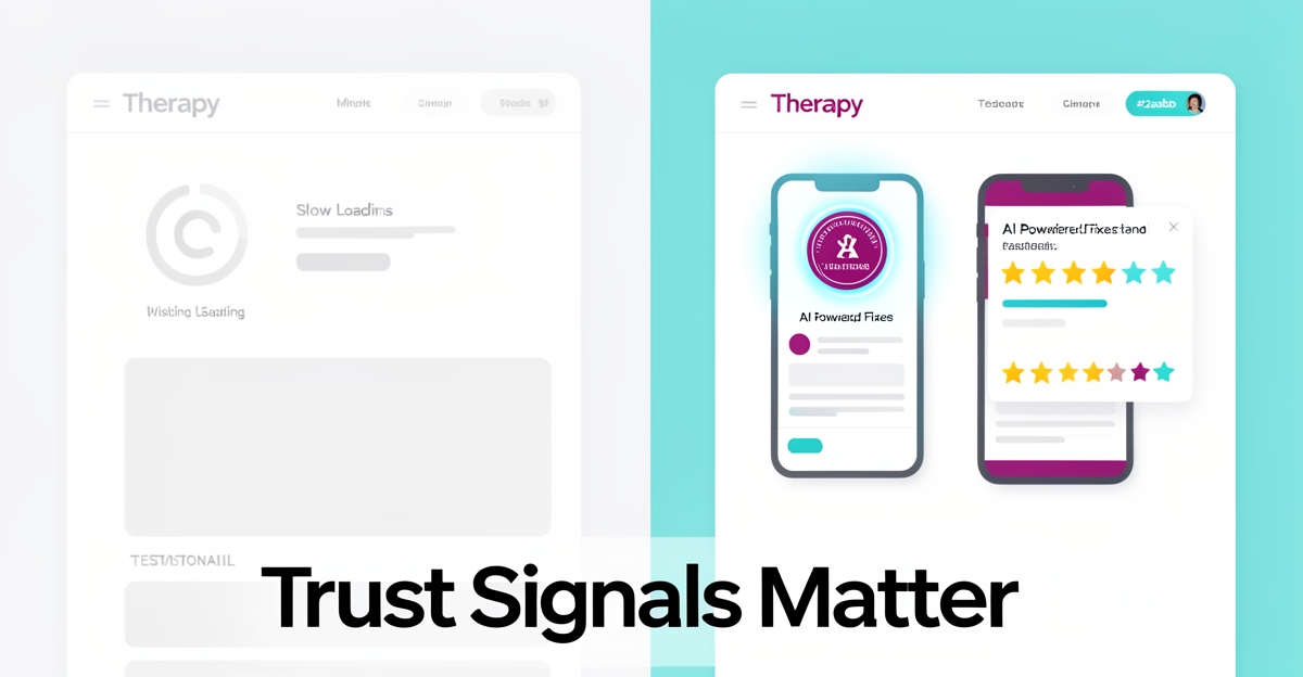 Split-screen illustration contrasting a therapy website with missing trust signals versus one enhanced by AI-powered fixes, using brand colors as accents.